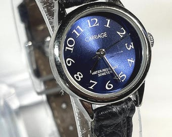 Carriage by Timex on a DEBEERS PARIS Crocodile Leather Strap. Blue 22mm New Battery,