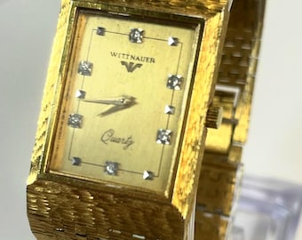 Wittnauer Vintage Rectangular Quartz Watch Gold Bark Texture Integrated Bracelet Eight Diamond Hour Markers Champagne Dial Swiss Made Luxury