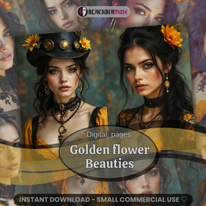Könnte beinhalten: Digitale Kunst mit Porträts von Frauen mit dunklem Haar, geschmückt mit Blumen und Schmuck. Das Bild enthält den Text "Golden flower Beauties" und "Instant download - small commercial use". Die Frauen tragen schwarze Halsbänder und gelbe Kleider.