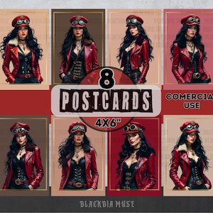 Juego de 8 postales Steampunk rojas de BlackBia Muse para uso comercial, tarjetas artísticas, artículos de papelería retro para regalo.