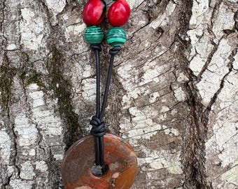 JAMAICAN-MADE NECKLACE: Red Lucky Seed + Malachite + Agate Donut Pendant, Leather String + Copper Clasp