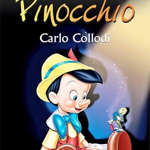 Peut inclure: Une couverture de livre illustrant un dessin animé de Pinocchio, une marionnette en bois au nez long, portant un chapeau jaune et un nœud papillon bleu. Le titre du livre est "Les Aventures de Pinocchio" de Carlo Collodi.
