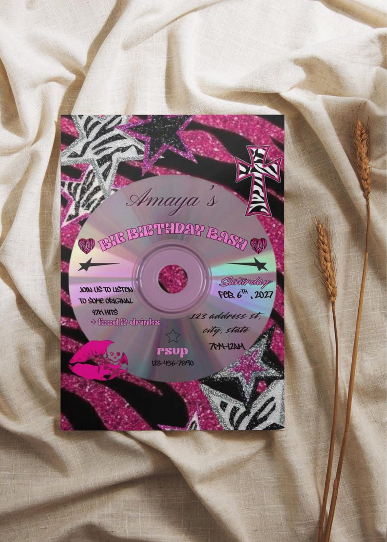 Y2K CD Zebra Pink Birthday Invitation | Retro Teen Party, Editable ...