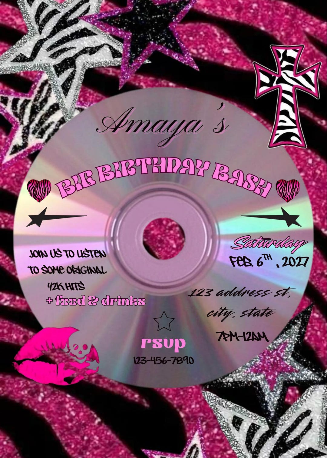Y2K CD Zebra Pink Birthday Invitation | Retro Teen Party, Editable ...