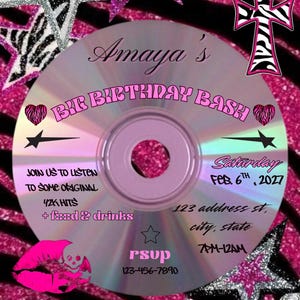 Y2K CD Zebra Pink Birthday Invitation | Retro Teen Party, Editable Canva Template (Digital Download)