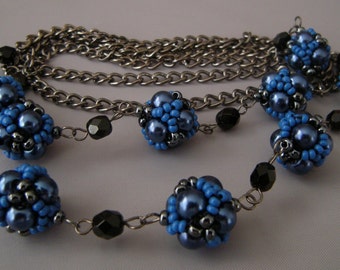 Metal Chain Beaded Beads Necklace/ Blue Gunmetal Black Beaded Beads Necklace