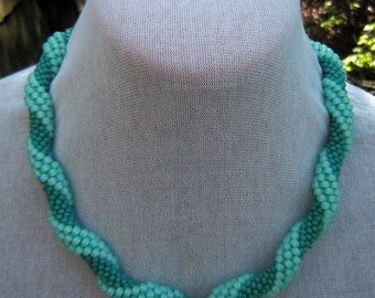 Crocheted  Aqua Green Beaded Necklace/ Turquoise Green Beaded Choker