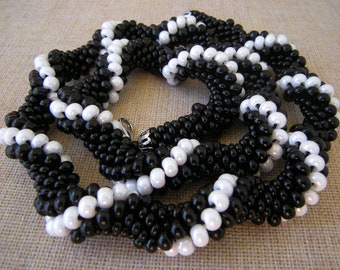 Crocheted Beaded Black White Spiral Necklace