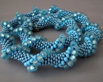 Crocheted Beaded Blue Spiral Necklace