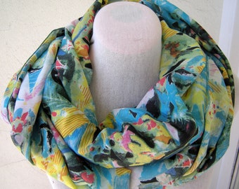 Long Light Blue Yellow Black Pink White Green Printed Cotton Silk Scarf/ Wrap