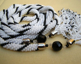 Crocheted Long White Black Necklace/ White Black Tassels Lariat