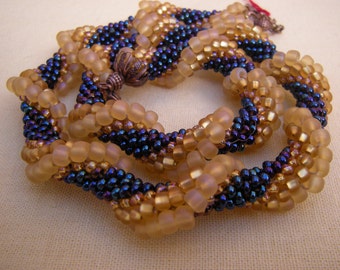 Crocheted Matte Beige Indigo Blue Beaded Necklace