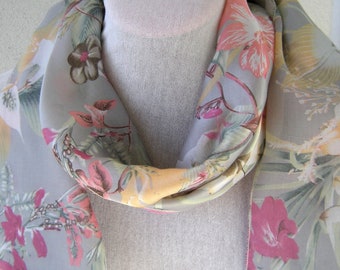 Grey Pink Floral Printed Polyester Scarf/ Wrap