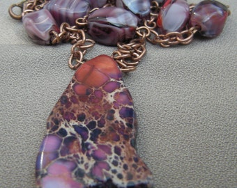 Beaded Purple Copper Chained Necklace with Dyed Jasper Pendant