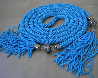 Crocheted Long Blue Beaded Necklace/ Blue Tassels Lariat