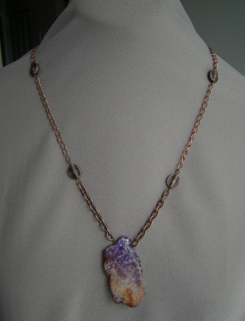 Copper Chained Purple Brown Dyed Jasper Necklace/Purple Dyed Jasper Pendant image 2