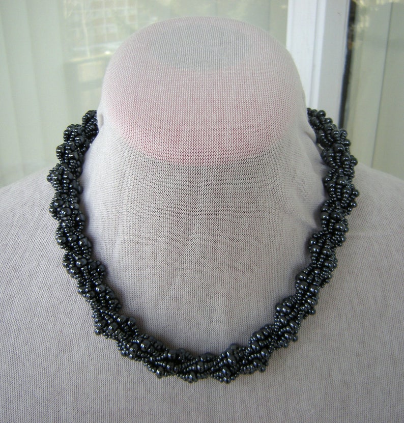 Gunmetal Beaded Necklace/ Gunmetal Double Spiral Rope/ Etsy