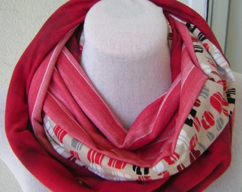 Red Beige White Black Printed Double Infinity Scarf/ Upcycled Infinity Scarf