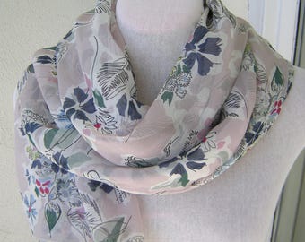 Long Light Floral Printed Light Pink Violet Silk Scarf/Wrap