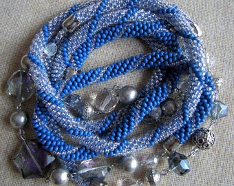 Long Crocheted Blue Clear Beaded Necklace