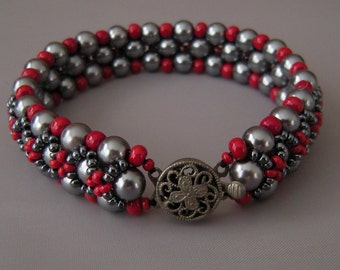 Red Gunmetal Grey Beaded Bracelet