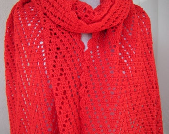 Long Crocheted Red  Scarf/ Wrap