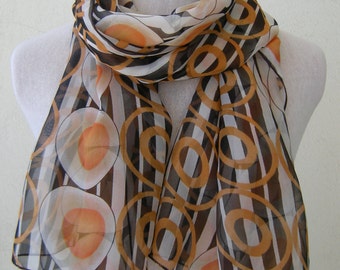 White Brown Orange Polka Dot Striped Silk Scarf