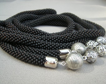 Long Crocheted Beaded Matte Dark Brown Silver Necklace/ Lariat