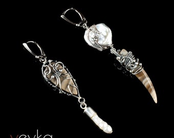 Second Earth Earrings - Striped Flint and Pearls