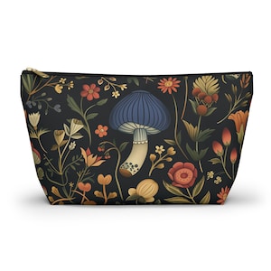 Whimsical Mushroom Pouch for Students, Dark Floral Zipper Bag for Nature Lovers, Boho Accessory Bag for Makeup, Art Supplies, Travel Mom Bag