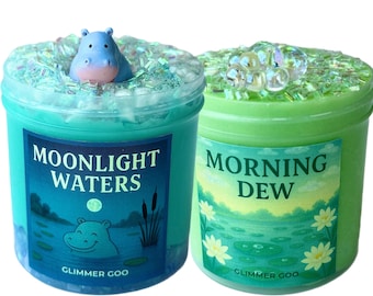 Dawn to Dusk Duo – Morning Dew Cloud Slime & Moonlight Waters Glossy and Bingsu Slime – Floral and Fruit Scents – ASMR for Stress Relief