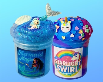 Pack de slime de fantasía mística: dijes de sirena y unicornio, slime helado perfumado