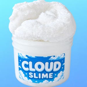 May include: A white plastic container filled with textured white cloud slime. The container features a blue rectangular label with white clouds and stars, displaying the text CLOUD SLIME in bold white letters with a blue outline.