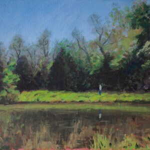 Original Acrylic Painting 8x10 – Landscape with Trees, Pond, Figure – Nature Art, Tranquil Forest Scene on Canvas