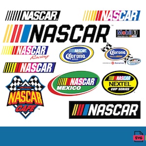 May include: A collection of NASCAR logos in various designs. The logos feature the word "NASCAR" in bold fonts, often with colorful stripes. Some logos include additional text like "Racing," "Mexico," and "Nextel Cup Series."