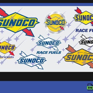 May include: A collection of Sunoco logos in various designs. The logos feature the word "SUNOCO" in a bold, stylized font, often within a yellow and blue diamond shape. Some logos include the text "Race Fuels", "Lubricants", or "Motor oils".