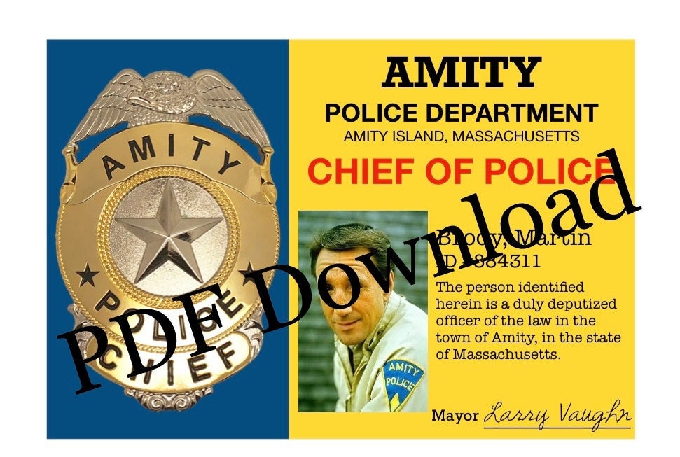 Halloween Jaws Amity Police Martin Brody ID Badge DOWNLOAD