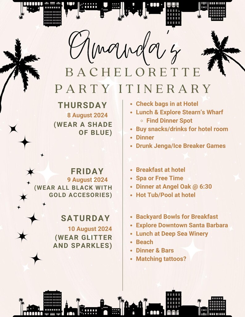 Bachelorette Party Itinerary Template Editable Canva Itinerary Palm