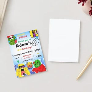 Puede incluir: Una invitación de cumpleaños colorida para el décimo cumpleaños de Adam. La invitación presenta un personaje de sandía de dibujos animados y el texto "MELON Invite you to Adam's 10th Birthday!" La invitación también incluye la fecha, la hora y la ubicación de la fiesta. El texto "Coconut Bowl" también está incluido.