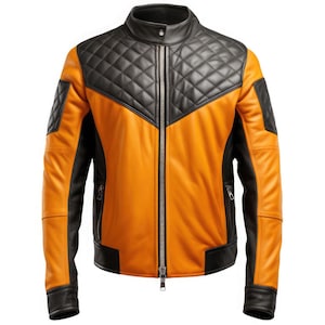 TecnoWiz Men’s Mustard Black Genuine Sheepskin Elegant Stand Collar Smooth Diamond Quilted Casual Moto Zip-up Scooter Leather Jacket