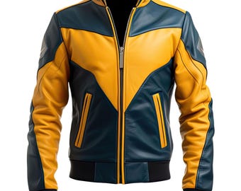 May include: A two-tone leather jacket in yellow and navy blue. The jacket features a zip-up front, two front pockets, and a black ribbed hem and cuffs. The design includes a stand-up collar and a geometric pattern on the shoulders.