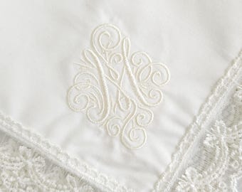Monogrammed Wedding Handkerchief, Custom Embroidered Lace Hankie, Personalized Bridal Gift with 100+ Thread Colors
