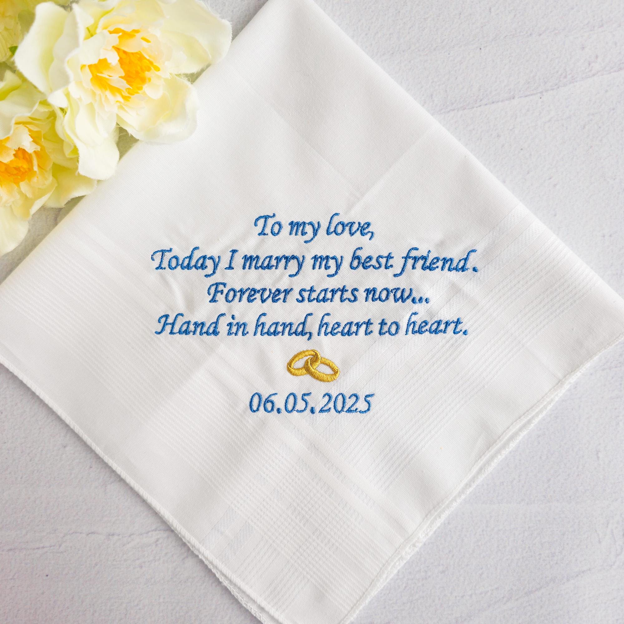 Personalised Wedding Handkerchief With Love Men, Embroidered Hankies for Men, Bridal Keepsake, Custom Pocket Square