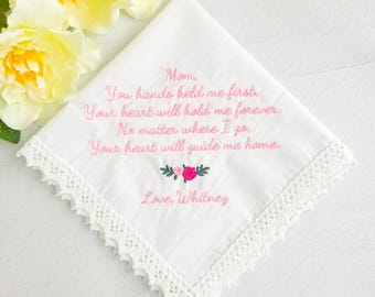 Personalized Wedding Handkerchief for Mother of the Bride, Flower Embroidered Bridal Handkerchief, Wedding Day Gift, Lace Wedding Hankies