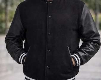 1990s Vintage Melton Wool With Leather Sleeve Patched Varsity 1990s Vintage Melton Wool With Leather Sleeve Patched Varsity