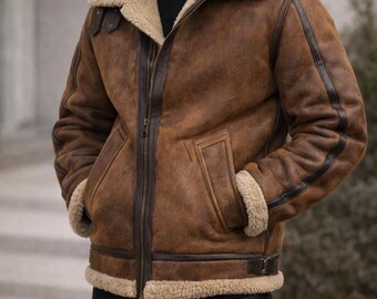 Handmade B3 Bomber Jacket – Sheepskin Leather RAF Aviator Winter Coat