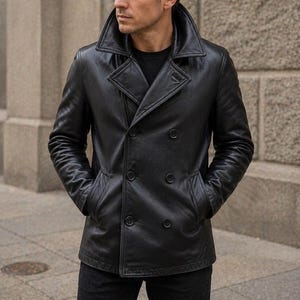 Men's Black Leather Reefer Jacket | Full-Grain Sheepskin Winter Coat