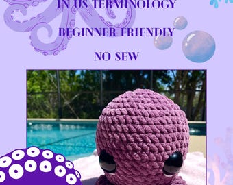 May include: A crocheted purple octopus toy with large black eyes. The image includes text that reads "Squid Pattern", "In US Terminology", "Beginner Friendly", and "No Sew". The octopus is sitting on a white towel.