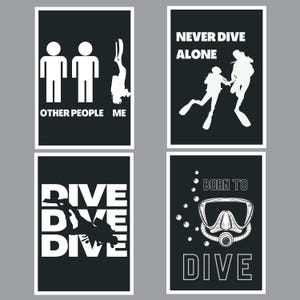 Set di 4 stampe da parete con immagini di immersioni subacquee, poster stampabili con citazioni divertenti sulle immersioni, decorazioni digitali per subacquei, download istantaneo di avventure subacquee