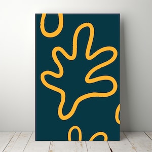 May include: A rectangular wall art print featuring a dark teal background with abstract yellow shapes. The shapes have a hand-drawn, organic feel, creating a modern and artistic design. The print is displayed on a white wall.